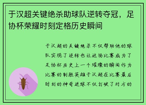 于汉超关键绝杀助球队逆转夺冠,足协杯荣耀时刻定格历史瞬间 于汉超关键绝杀助球队逆转夺冠,足协杯荣耀时刻定格历史瞬间
