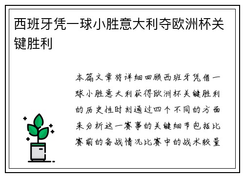 西班牙凭一球小胜意大利夺欧洲杯关键胜利